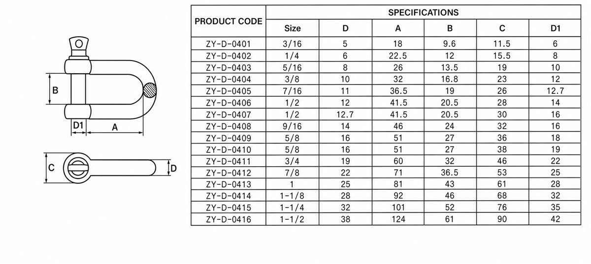 304 Stainless Steel D Shackle with Captive Pin for Marine Rigging - dimension chart